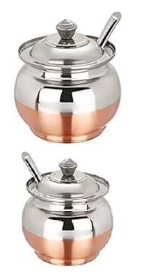 Trendmad Copper Coated Base Stainless Steel Ghee and Oil Container With Spoon Copper Coated Multipurpose Oil Jar Copper Coated Ghee Pot with spoon and lid 250 ML Pack of 2