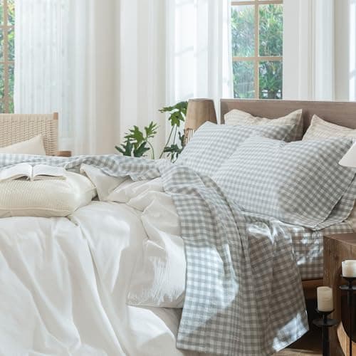 MooMee Gingham Sheet Set 100 Washed Cotton Linen Like Textured Breathable Soft wFully Elasticized 1619 Deep Pocket Classic Gingham Northern Droplet Grey Queen