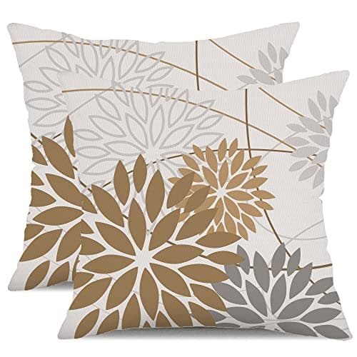 DFXSZ Brown Grey Outdoor Pillow Cover 18X18 Inch Set of 2 Outdoor Waterproof Summer Floral Brown Decorative Pillow case Decor for Couch Patio Funiture Garden Print Polyester Cushion Cover 01E18