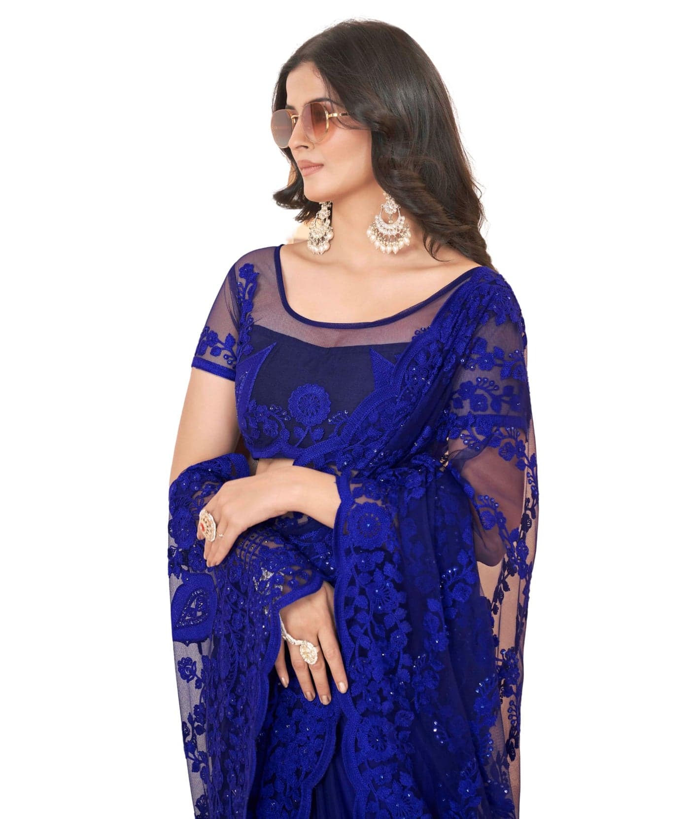 MUNIR Women's Heavy Butterfly Net Saree with Tone-to-Tone Aari Embroidery & Stone Work, Elegant Rich Pallu, Unstitched Blouse Piece (Navy Blue)