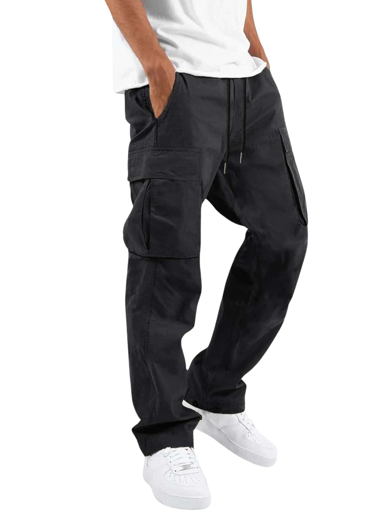 Lymio Cargo for Men | Cotton Cargo Pant | Drawstring Waist Pant (Also Available in Plus Sizes)(03-Black-3XL)