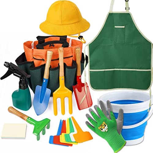 Kidz Gardening Tool Set Gardening Tools Kit Includes Shovel Rake Fork Trowel Childrenz Garden Kit with Sun Hat Apron Gloves Tote Bag Sprayer and Bucket Outdoor Play Toyz Gift for Kidz