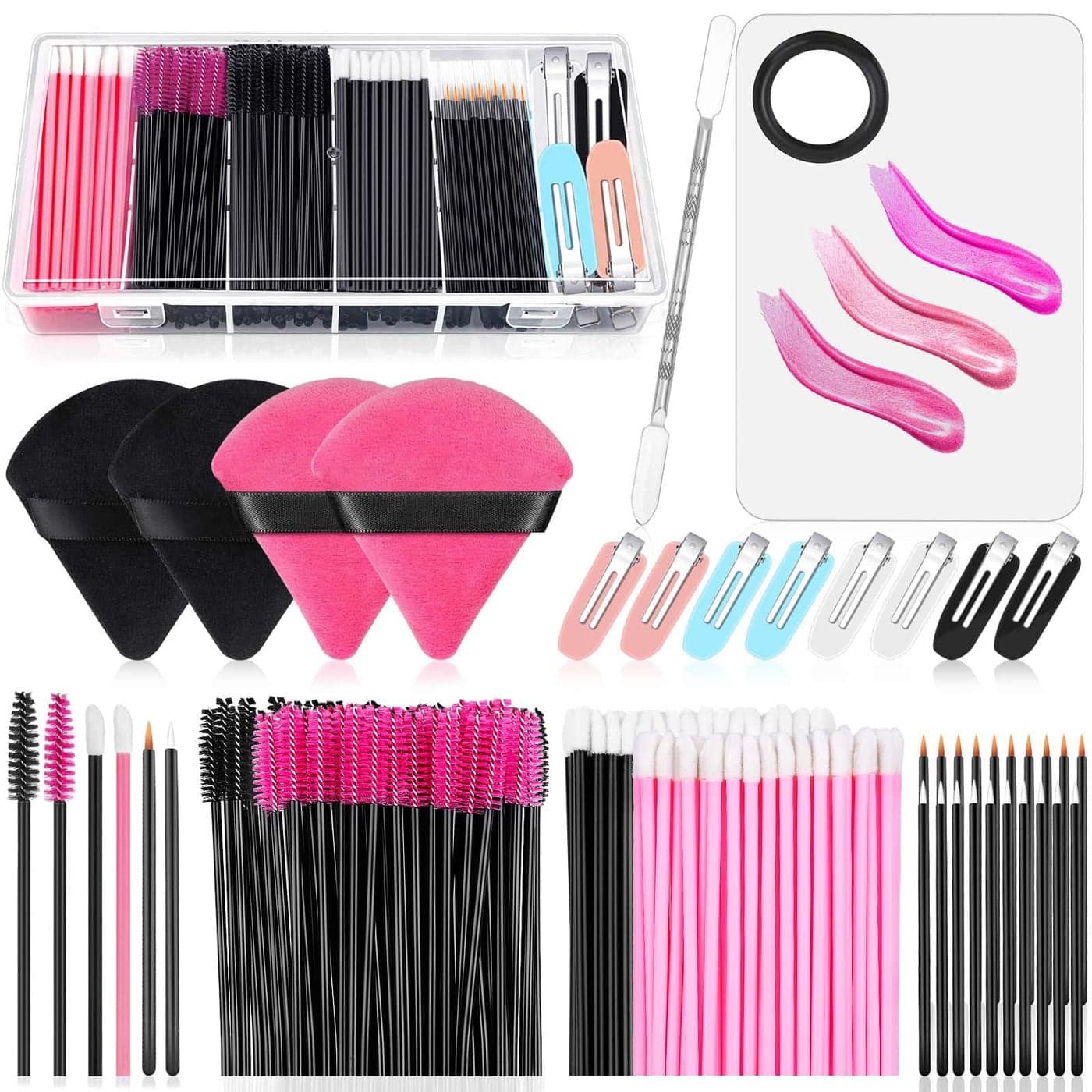 Disposable Applicators Kit With Makeup Puff Mixing Palette Artist Supplies Accessories Mascara Wands Lip Brushes Hair Clips Powder Puffs for Face With Storage Box