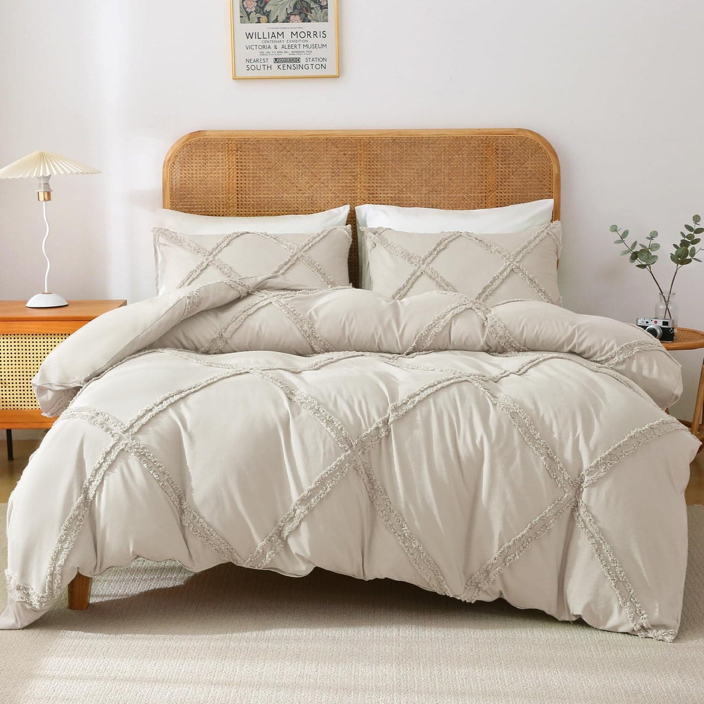 MILDLY Boho Duvet Cover Beige Tufted Comforter Cover Set Geometric Textured Jacquard Queen Size Bedding Set with Corner Ties Zipper Closure