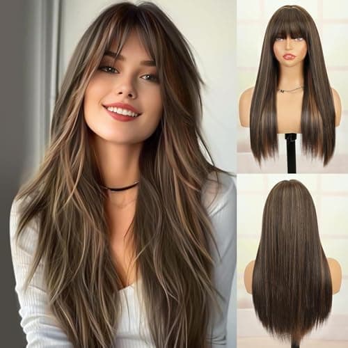 Creamily Straight Long Hair Wig for Woman,Highlights Ombre Brown with Blonde Highlights 23'',Full Head Hair Wig for Women with Bangs for Daily Use