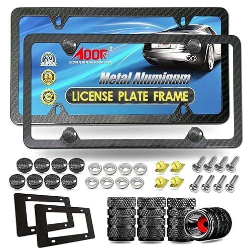 Aootf Carbon Fiber License Plate Frame- Heavy Duty Black Aluminum Car Tag Cover Printed Carbon Patterns, Slim Front & Rear Holders Mount Hardware Kit- Screws Bolts, Nut, Rattle Proof Pad