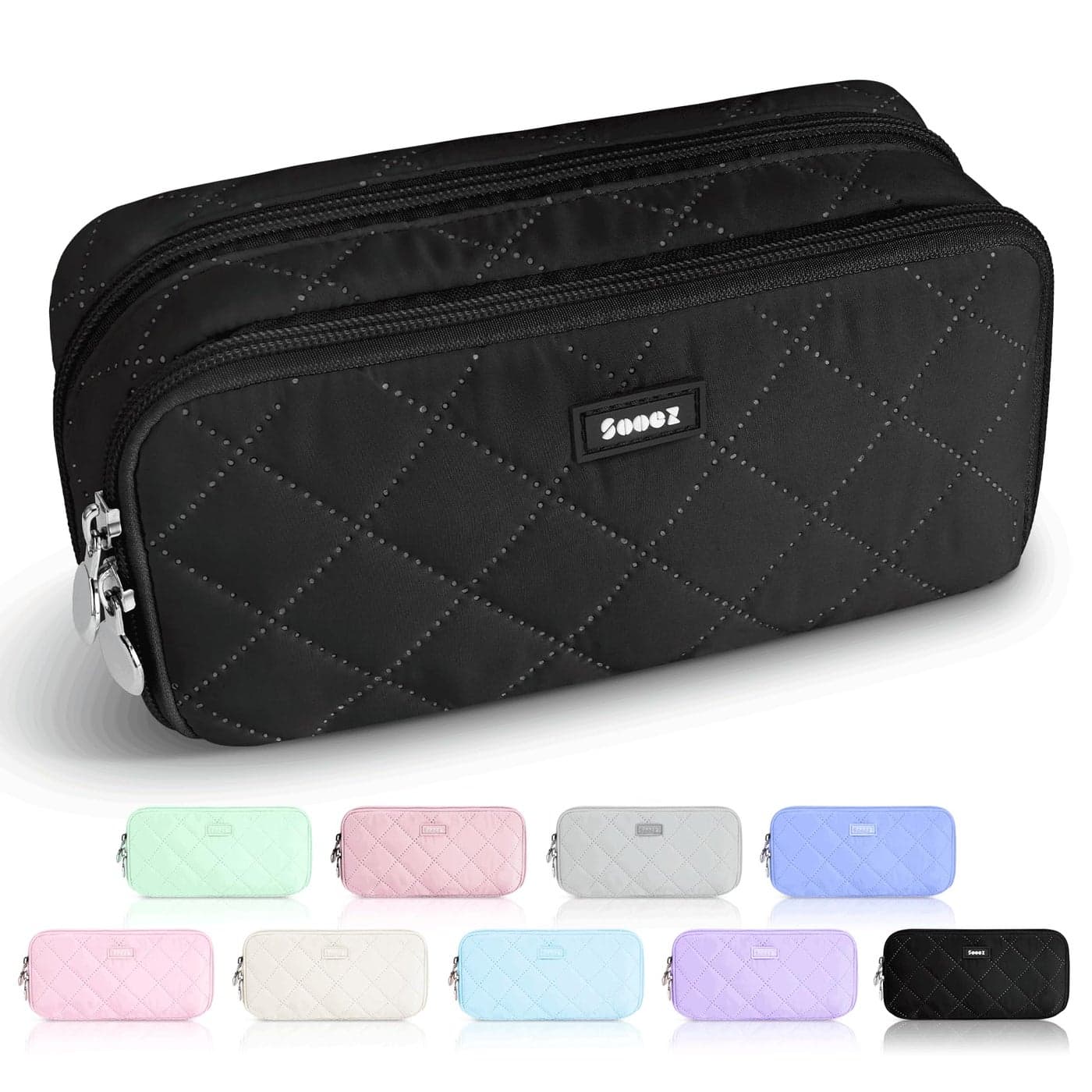 Sooez Large Pencil Case Pouch Extra Big Pencil Bag with 8 Compartments Pen Bag Wide Opening Soft Quilted Pencil Pouch Organizer with Zipper Portable Pencil Case for Teen Girls Black