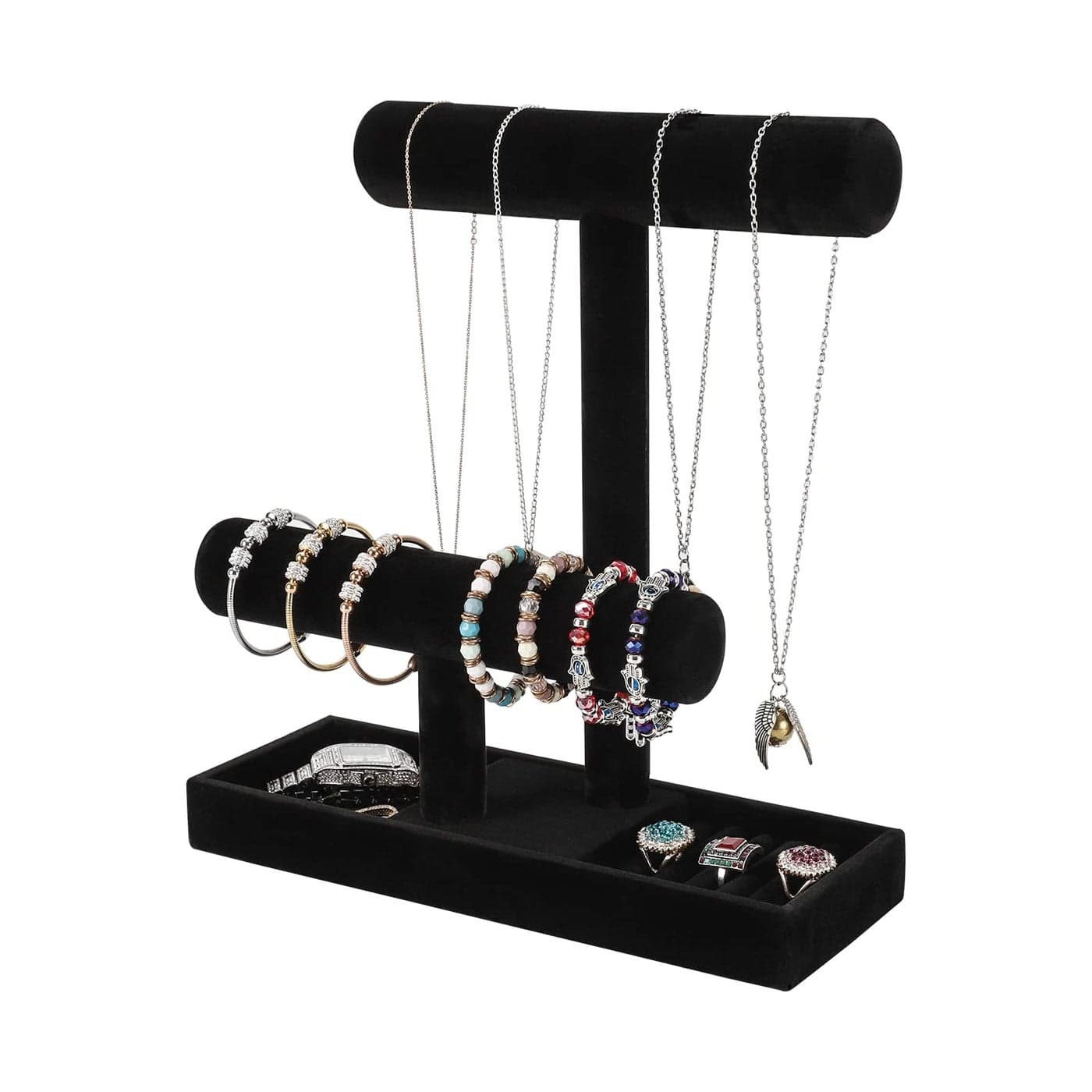 ByKen Necklace HolderBracelet HolderJewelry Organizer Stand with Earrings Rings TrayJewelry Holder for Scrunchie Watches Black Velvet