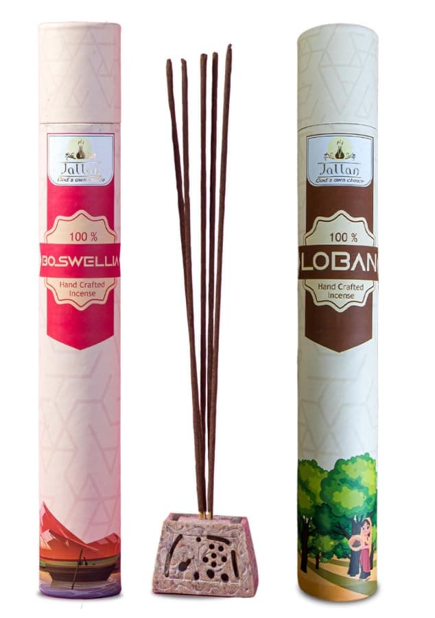 JALLAN Pure Natural Pooja (Devotion) Agarbatti| Pack of 2 Natural Incense Sticks (120 Organic Agarbatti Sticks|2 Fragrances- Loban & Boswellia),Free Wooden Stand |100% Organic |Handrolled