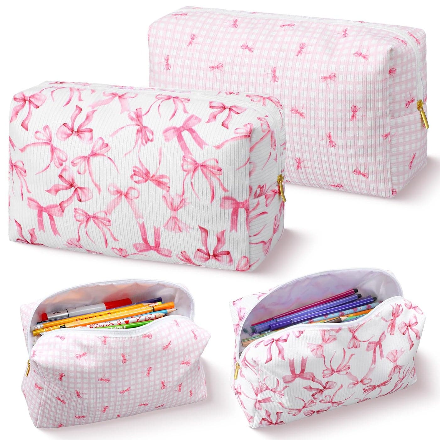 Sherr 2 Pack Coquette Pink Bow Pencil Pouch for Girl Women Cute Bow Corduroy Makeup Bag for Women Soft Quilted Pencil Case for Back to School Gifts Kawaii Pen Box Bag for School Office