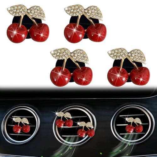 4 Pcs Cherry Car Air Vent Freshener Clip Rhinestone Car Air Outlet Fragrance Freshener Bling Cute Automobile Accessories Decoration for WomenAir Fresheners DecorOdor Random
