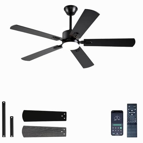 FUMLTP 52 inch Modern Ceiling Fans with Lights APP/Remote Control, Low Profile Reversible 6 Speeds Ceiling Fan Light for Indoor/Outdoor Patio Bedroom Living Room,Black