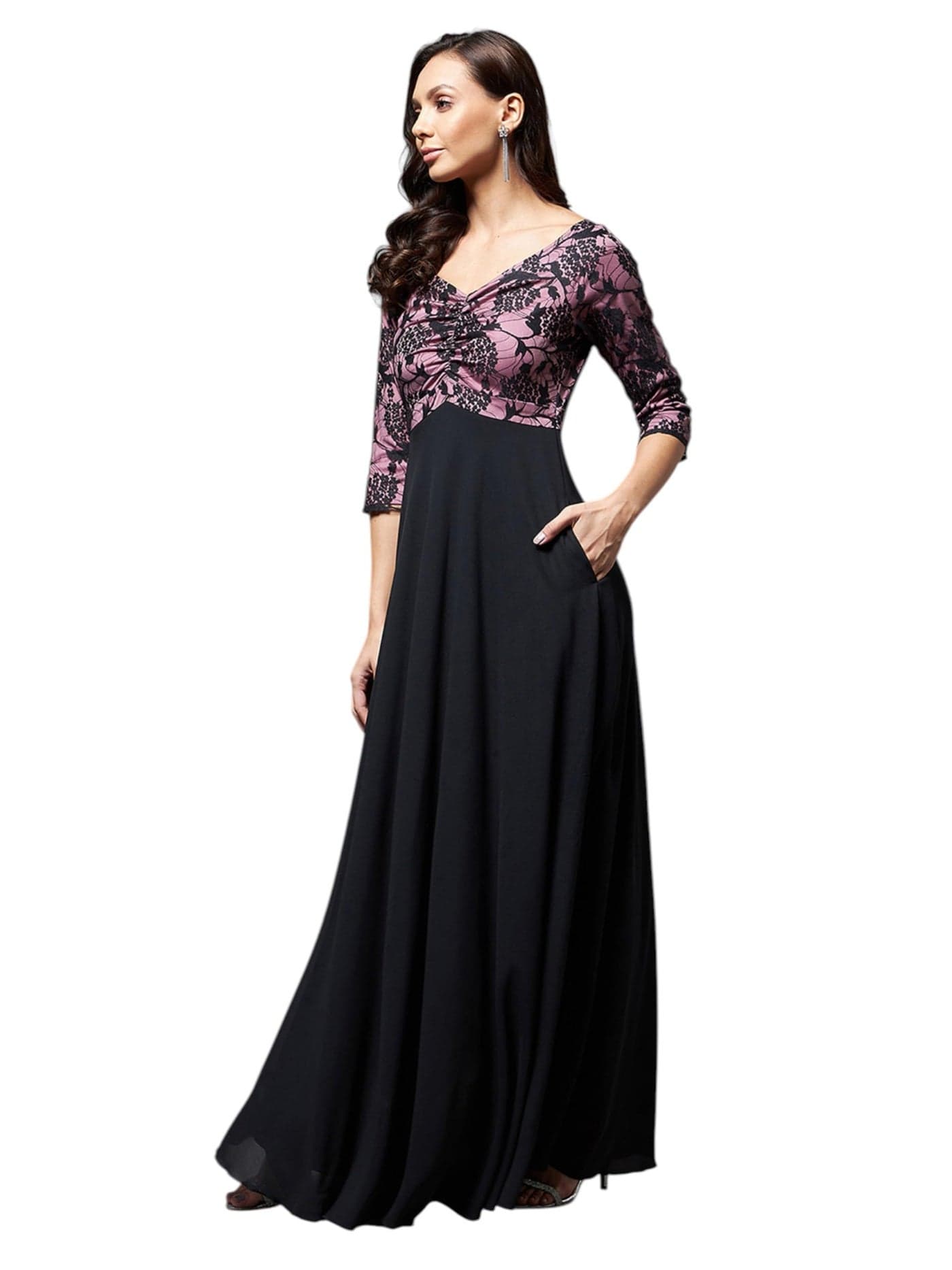 Miss Chase Women's Sweet Heart Neck 3/4 Sleeve Self Design Fit & Flare Maxi Dress (MCSS25D91-85-245-05, Black and Lavender, L)