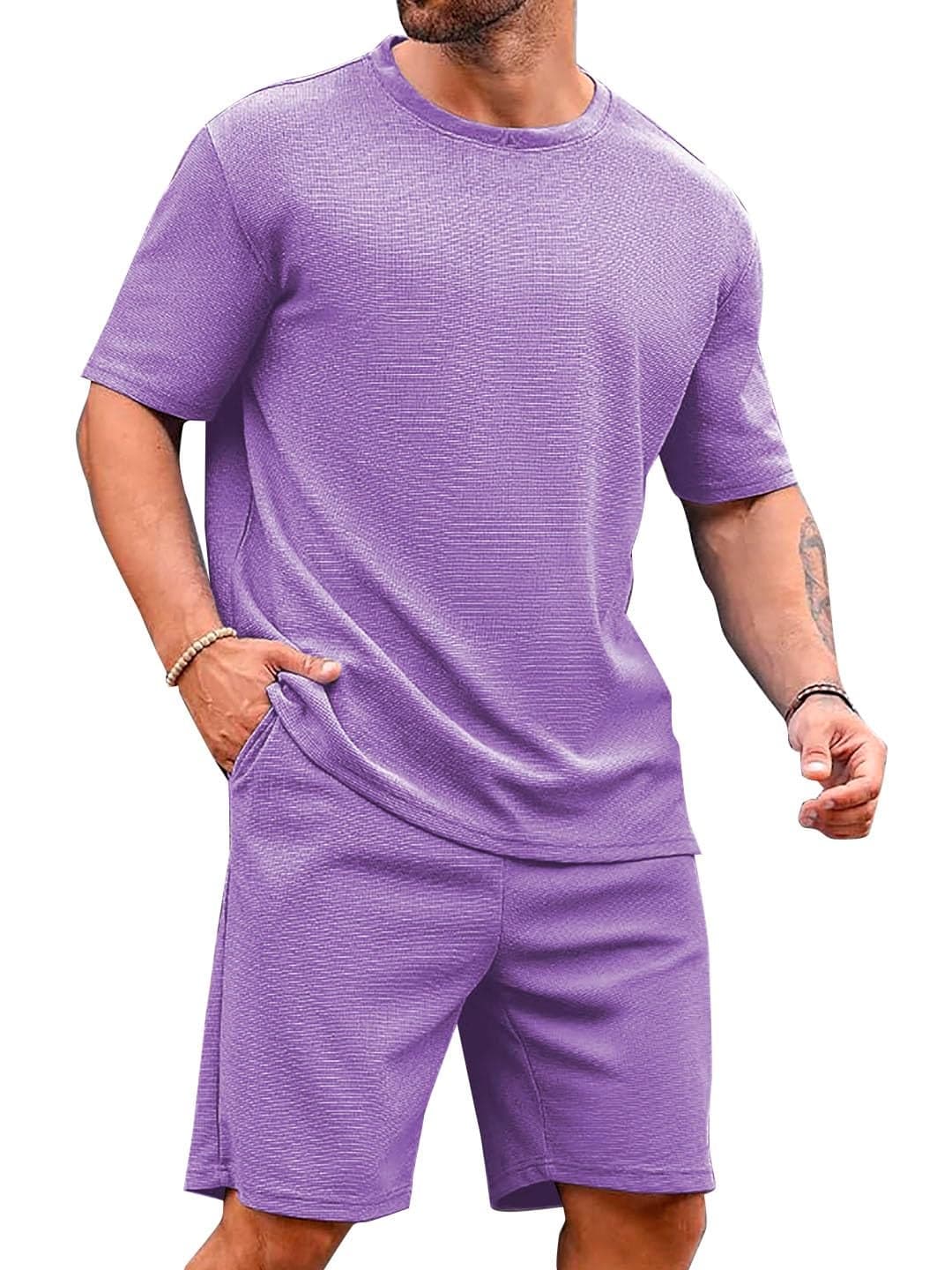 Vogaan Men's T-Shirt and Shorts Set | Top & Shorts Night Suits Set | Night Wear for Men (Lavender-4XL)