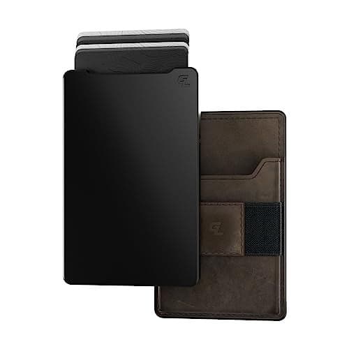Groove Life Groove Magnetic Thumb Swipe Wallet Black/Brown Leather Go Mens Minimalist Aluminum Credit Card Holder with RFID Blocking, Genuine Leather Attachment