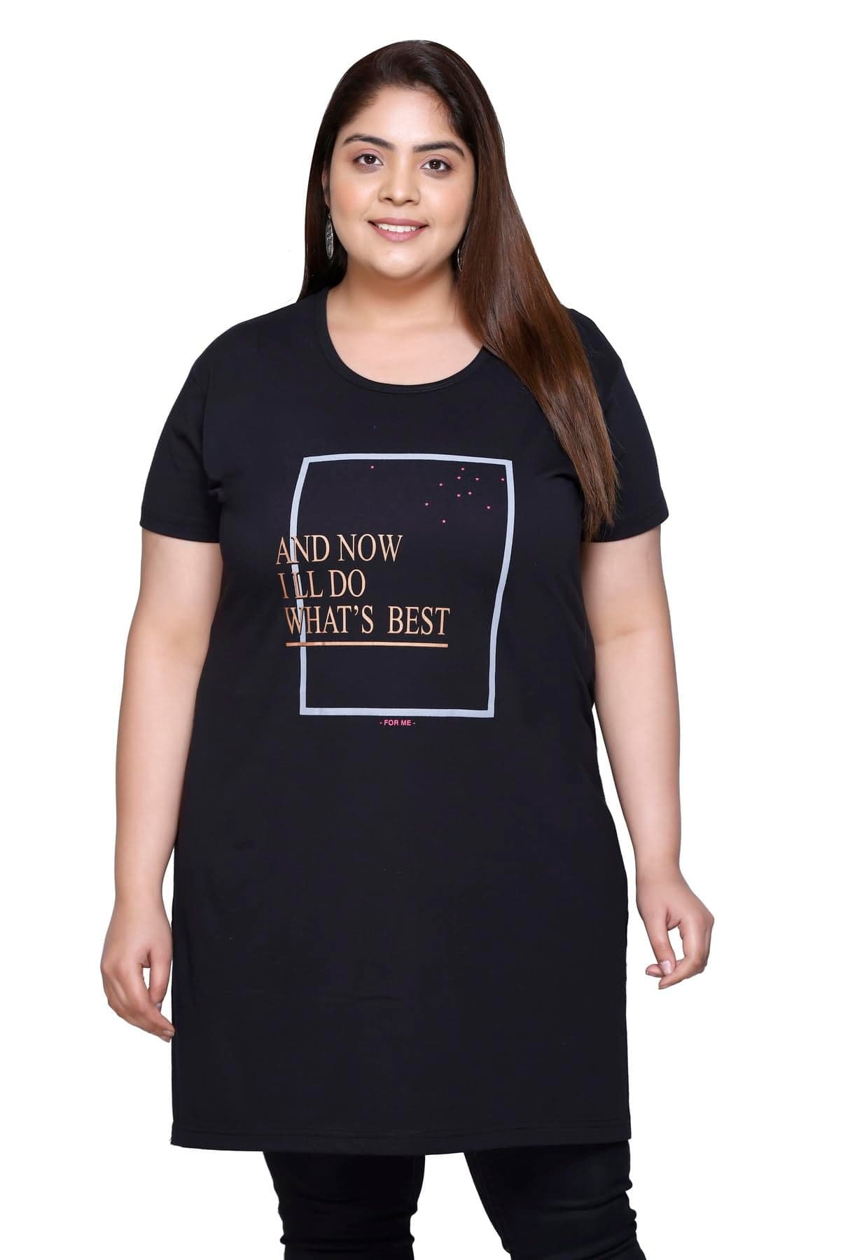 RYSH Women's Plus Size Cotton Long-line Chest Print T-Shirt with Pocket