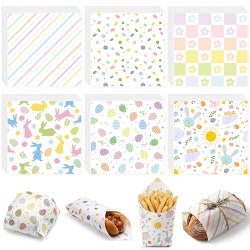 Reallnaive 300 Pcs Easter Wax Paper Sheets 12 x 12 Inch Egg Bunny Flower Parchment Deli Tissue Paper Sandwich Wrapping Sheets Food Basket Liners for Kitchen Restaurant Baking Supplies, 6 Styles