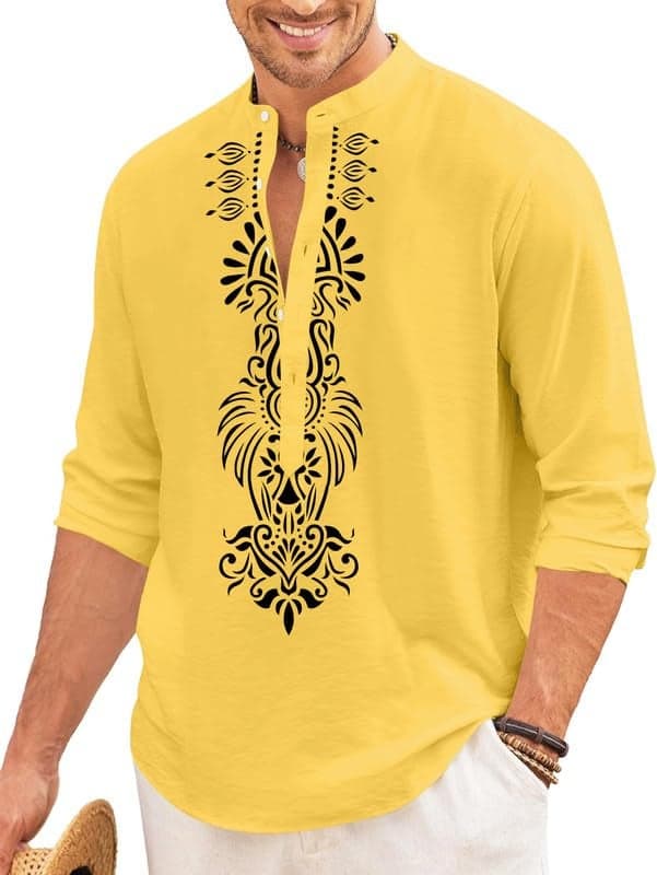 FINIVO FASHION Men’s Cotton Blend Short Kurta with Bold Printed Front Design | Full Sleeve Ethnic Casual Kurta with Mandarin Collar | Artistic Festival & Travel Wear for Modern Ethnic Style Yellow