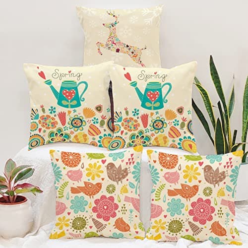 BRICK HOME Set of 5 Polycotton Printed Cushion Covers 16x16 Inches | Spring Floral & Bird Design | Multicolor Pastel on Beige | Soft Decorative Pillow Covers for Sofa, Couch & Living Room