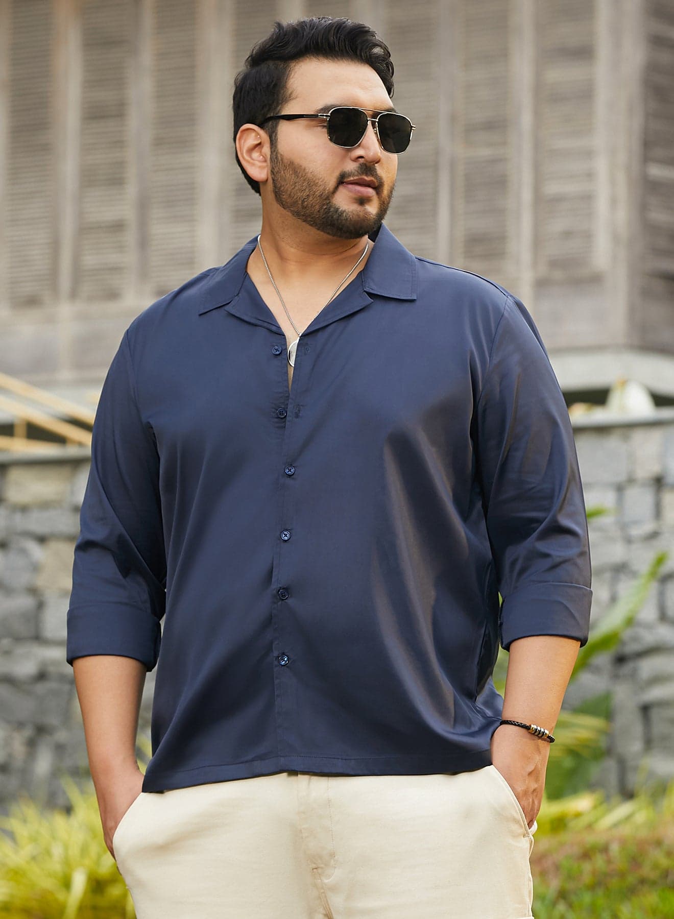 Instafab Plus Men's Prussian Blue Solid Cuban Shirt For Casual Wear | Cuban Collar | Long Cuffed Sleeves | Button Closure | Plus Size Shirt Crafted With Comfort Fit For Everyday Wear