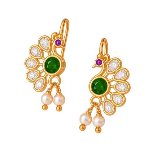 VAMA FASHIONS 18K Gold Plated Peacock Shape Maharastrian Bugadi Clip On Without piercing Earrings Crystal Stone Bugdi upper Ear Jewelry For Women & Girls