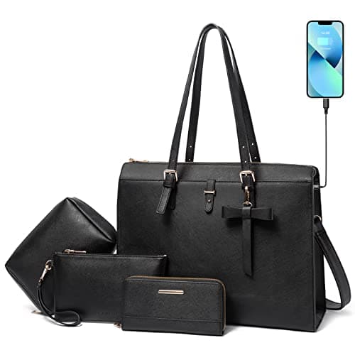 Keyli Laptop Tote Bag for Women Waterproof Leather Work Laptop Briefcase with Built-in USB Charging Port Computer Shoulder Bags Fits 15.6 Inch, Business Handbag Purse 4pcs Set Black