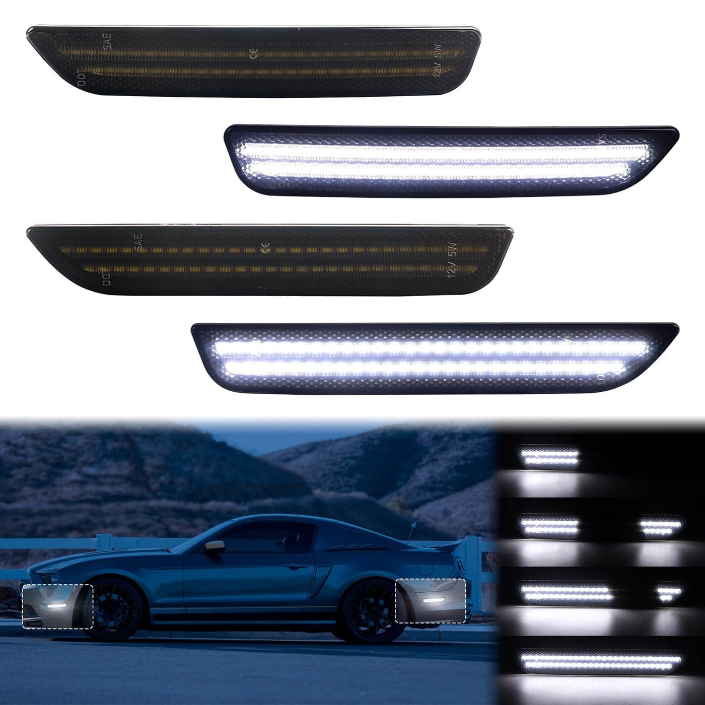 Dynamic Sequential White LED Side Marker Lights for Ford Mustang 2010 2011 2012 2013 2014 Front Rear Bumper Reflector Indicator Assembly Smoked Lens