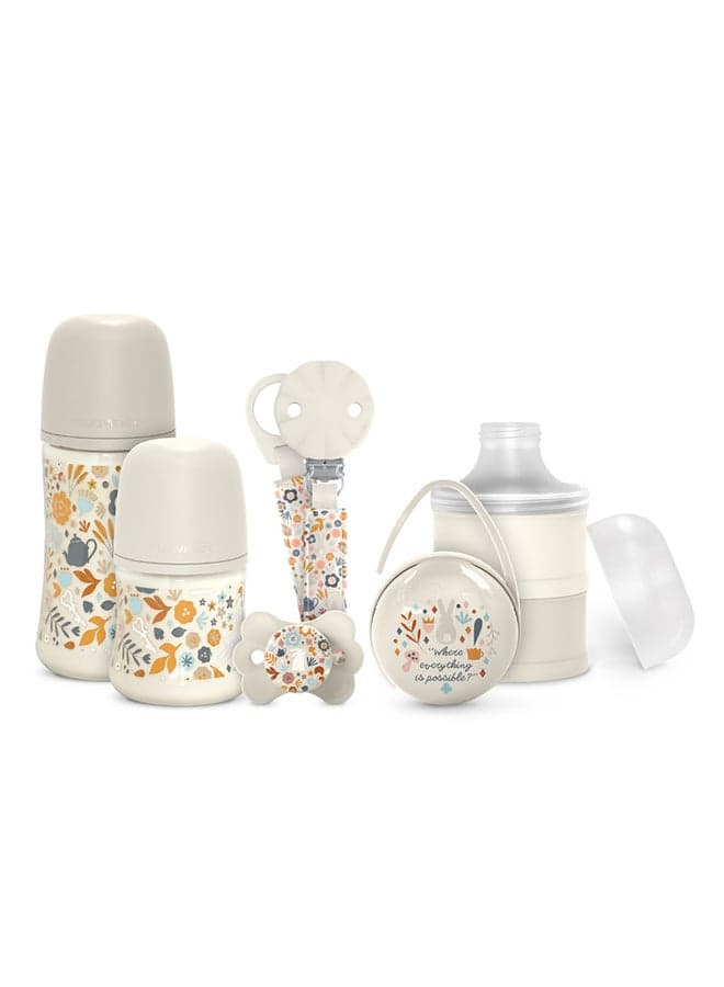 Welcome Baby Feeding Gift Set Of 5 For New Born Baby, Feeding Bottles, Pacifier, Pacifier Holder & Powdered Milk Dispenser-Beige