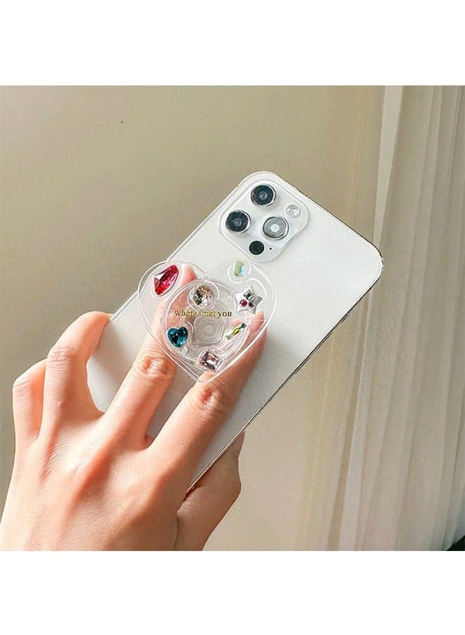 Ring Holder for Mobile, Transparent heart-shaped state, rhinestones of different colors and shapes, Expandable Collapsible Mobile Phone Grip Stand Holder for Smartphone Tablet Cell Phone Accessory