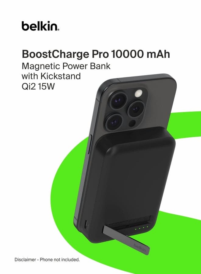 10000 mAh BoostCharge Pro Wireless Power Bank 10000mAh with Qi2, MagSafe Compatible Portable Charger + Built-in Pop-up Kickstand - For iPhone 16, 16 Plus, 16 Pro, 16 Pro Max, iPhone 15, and More - Black Black