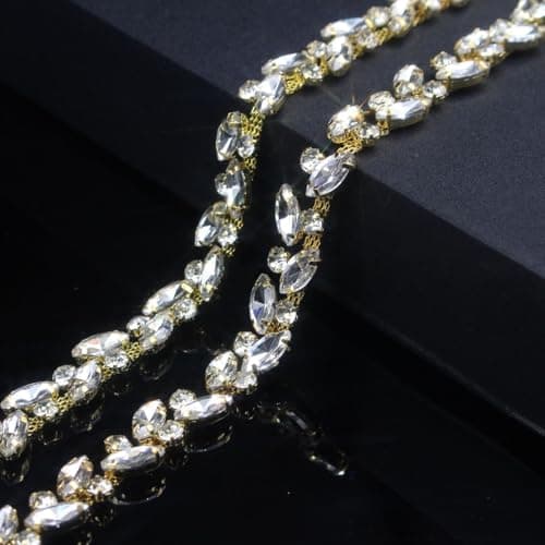 1 Yard Rhinestone Trim Chain Gold String Strips Crystal Applique Fringe Ribbon Beads Sewing for Dress DIY Party Wedding Bouquet Decoration Bridal Costume Embellishment