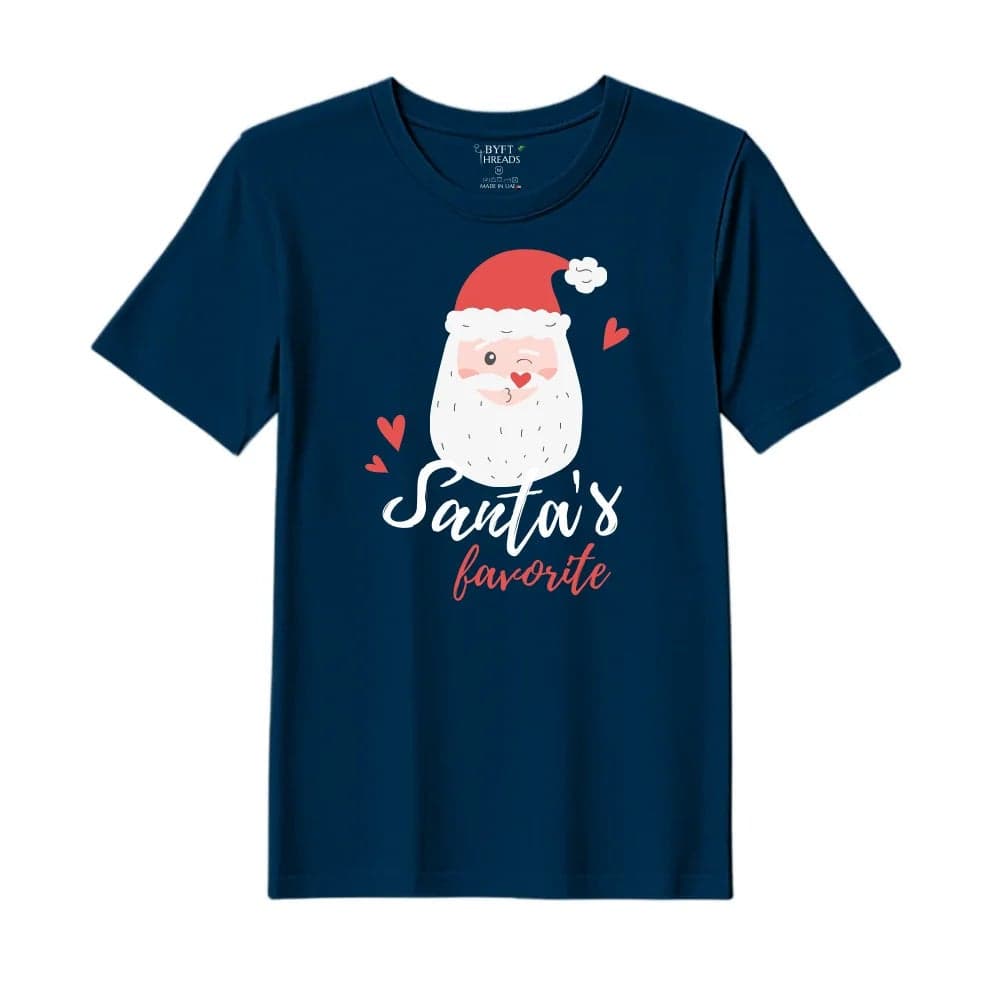 BYFT Threads XL Navy Blue Polycotton T-Shirt - Christmas "Santa's Favorite" Printed Design, Premium Holiday Collection