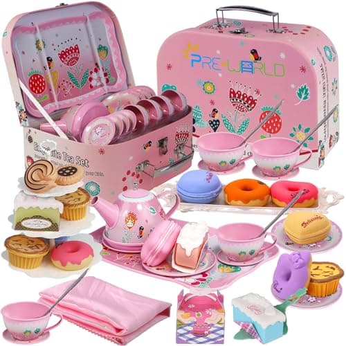 Tea Party Set for Little GirlsPREWORLD Princess Tea Time Toy Including DessertCookiesDoughnutTeapot Tray Cake Tablecloth Carrying CaseKids Kitchen Pretend Play for Girls Boys Age 36