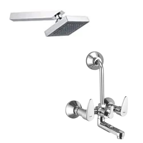 ZAP Brezza Series Combo | 2-in-1 Wall Mixer with Cartridge + ABS Overhead Shower 4-Inch Square with 9-Inch SS Shower Arm | Chrome Finish | Bathroom Fittings Set