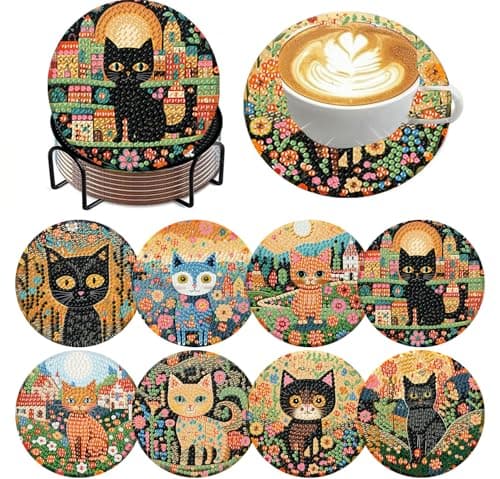 ijbnhd 8 PCS Diamond Art Coasters Kit Cat Diamond Painting Coasters with Holder Arts and Crafts Supplies Astral Cat Animals 4X4inch Cork Wooden Pad
