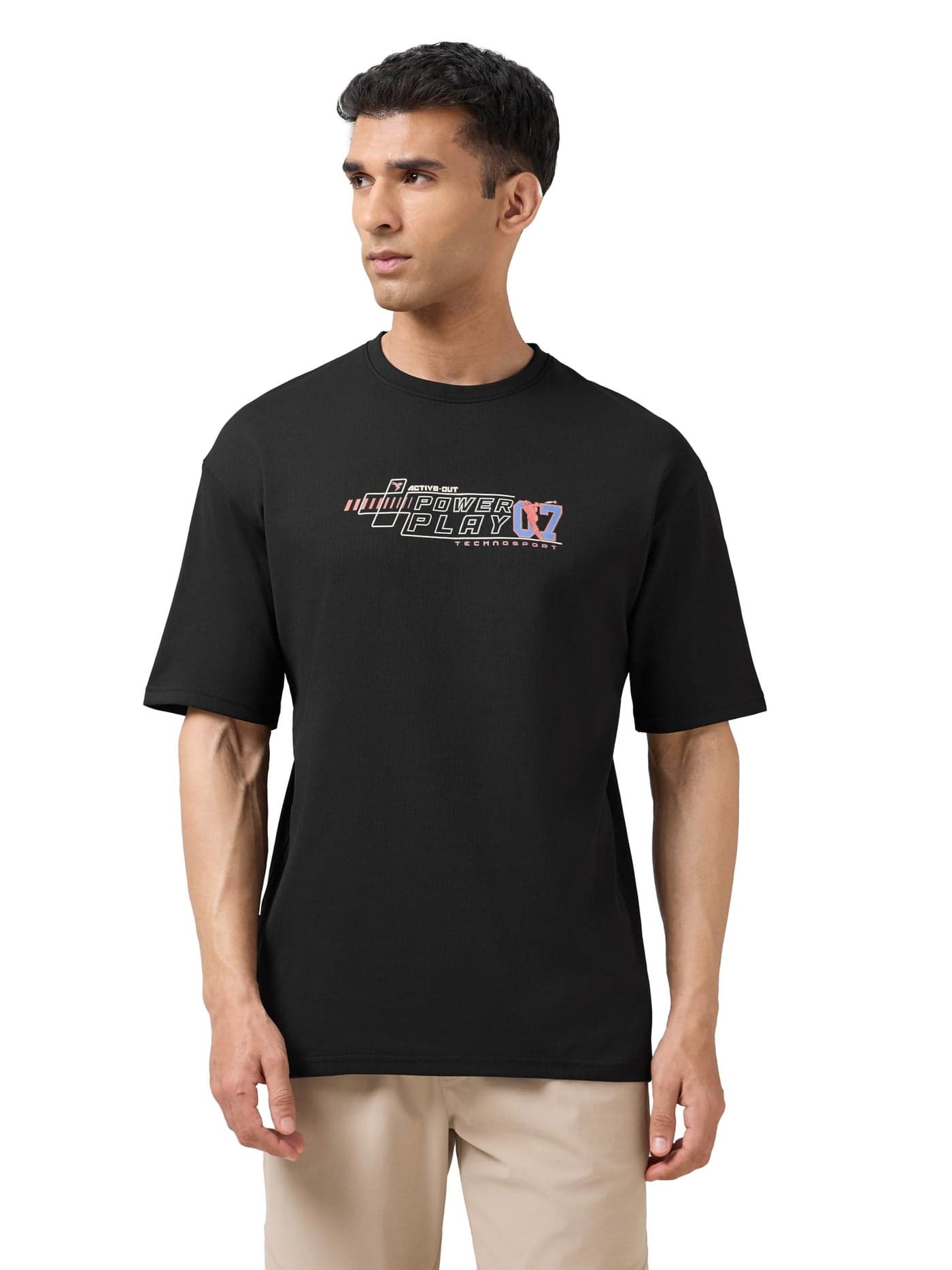 TECHNOSPORT Men's Relaxed Fit Graphic Print Crew Neck Short Sleeve T-Shirt for Sports & Gym - (MTP911BLK_Black_XL)