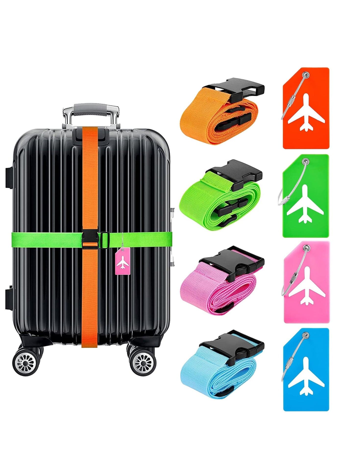 Luggage Straps Set, 4pcs Travel Suitcase with Silicone Tags, Adjustable Belts, Tags Name ID Card for Accessories Multi-Coloured