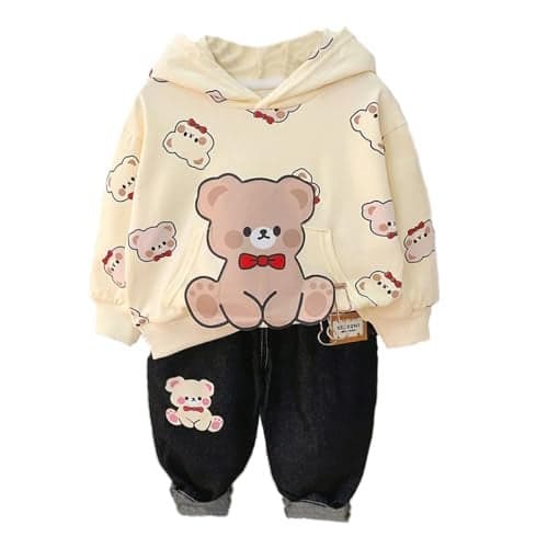 Bold N Elegant Kids Cartoon Print Hoodie Sweatshirt and Denim Jeans Party Dress for Infant Toddler Baby Boys N Girls (6-12 Months, Off White)