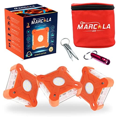 Marcala Emergency Lights for Vehicles | 3-Pack LED Road Flares | Flares Emergency Road | LED Emergency Flares Include Batteries, Case, Whistle & more | Stronger, Brighter & Better than round Flares!