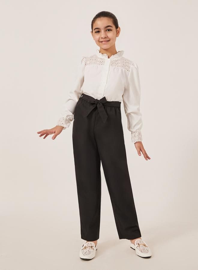 Schiffli Detail Buttoned Top And Wide Leg Pants Set