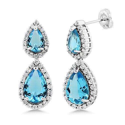 Gem Stone King Beautiful Double Pear Shape Simulated Blue Topaz Cubic Zirconia Dangle Earrings