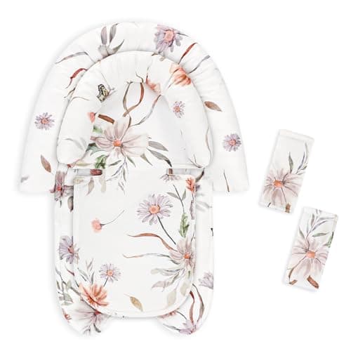 CARUILI 2-in-1 Infant Car Seat Insert, Upgraded Newborn Carseat Insert, Breathable & Soft Baby Car Seat Head Support with 2 Strap Covers for Girls, Perfect for Carseat, Stroller, Swing, White Flower