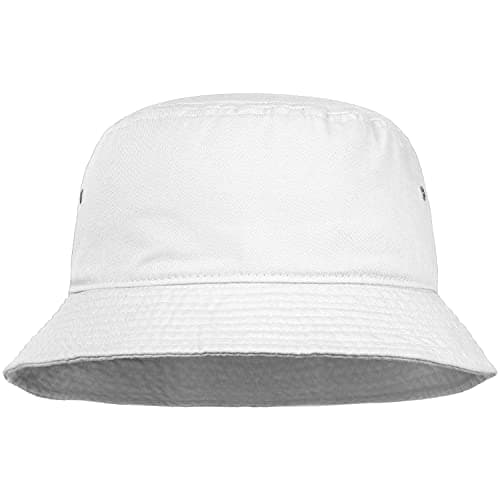 Men Women Unisex Cotton Bucket Hat 100% Cotton Packable for Travel Fishing Hunting Summer Camp (L/XL, White)