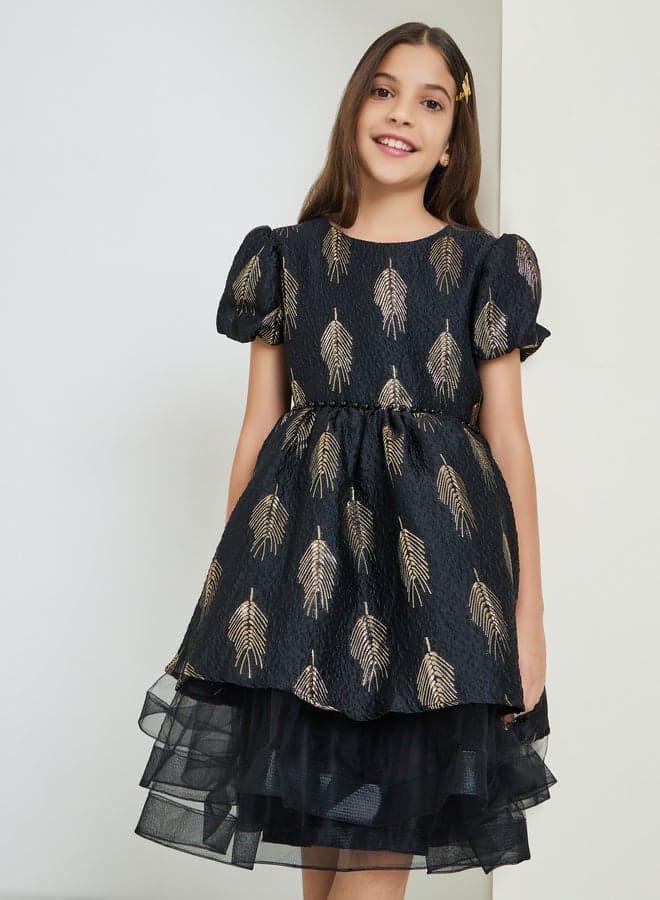 Girls Black Jacquard Puff Sleeve Dress