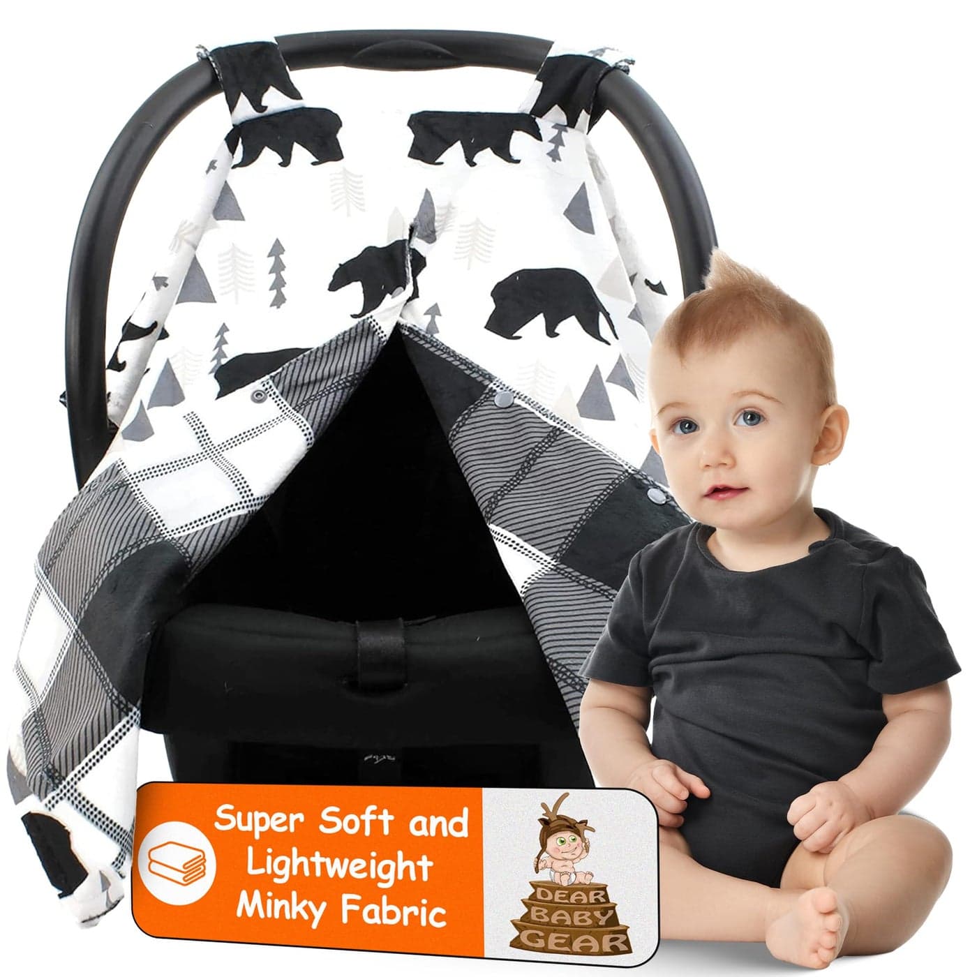 Dear Baby Gear Car Seat Cover for Boys Girls Baby Carseat Canopy wSnap Opening Infant Seat Cover Stroller Nursing Covers Newborn Carrier Canopy 40x30 Black Bears Black Grey Plaid