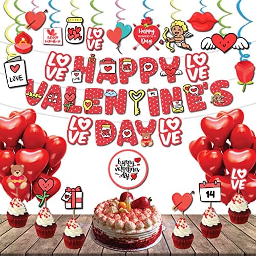 Festiko®Happy Valentines Day Decoration (57 Pcs) ,Red Valentines Day Party Decorations,Valentines Photo Props,Valentines Day Party Supplies Combo Banner,Swirls,Cake Topper,Cup Cake Toppers & Red Balloons