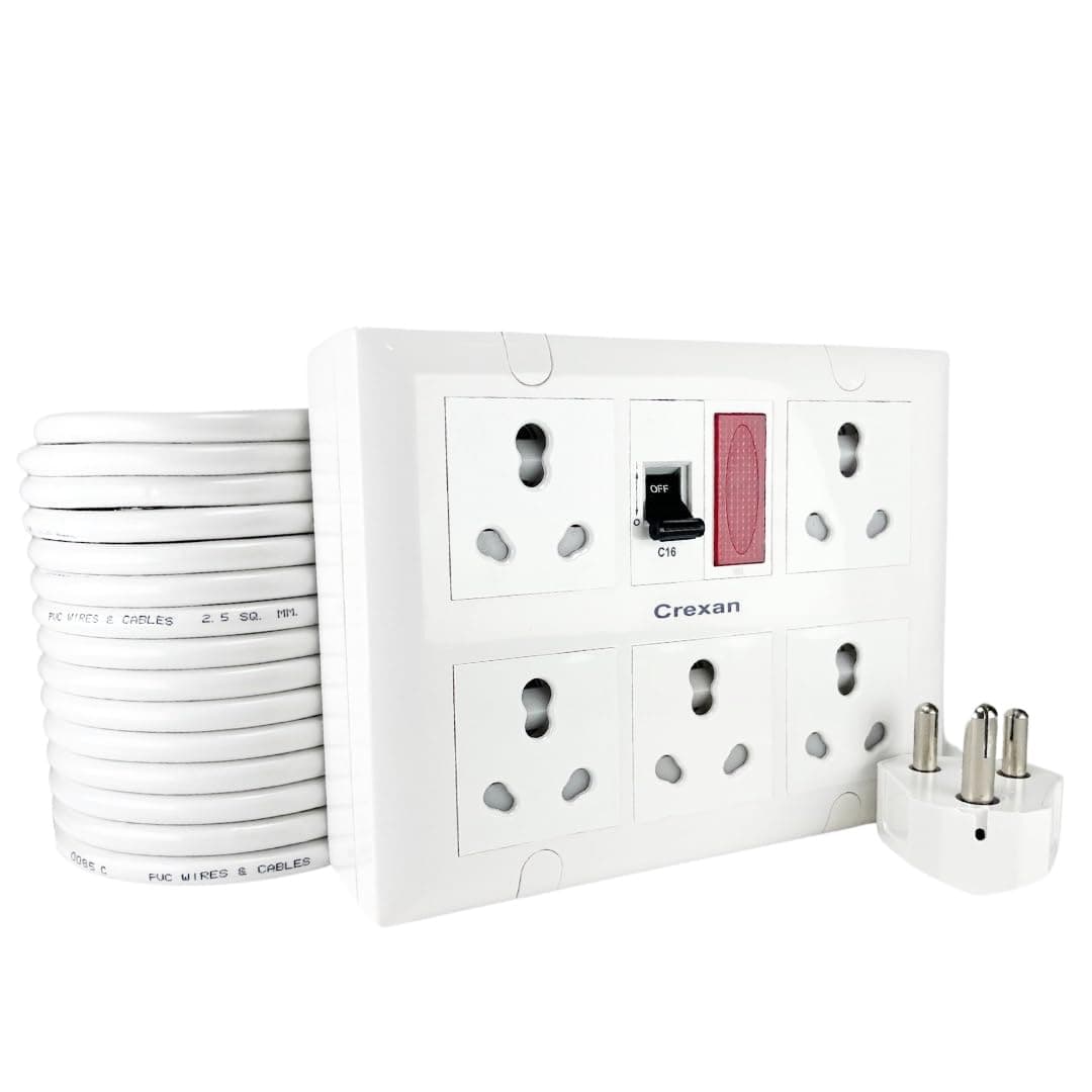 Crexan Extension Board 6A16A 15002500 Wattage with 16 Amp Socket 5nos with Safety Shutter 16A MCB with Power Indicator 25 Sqmm 3 Core White Copper Wire 2500 Wattage 16A Big Plug 2 Meter