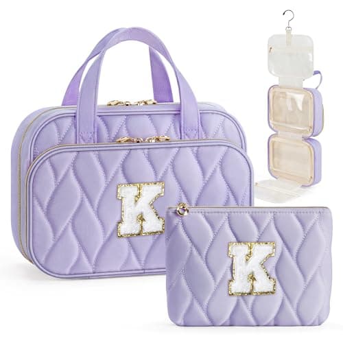YOOLIFE Birthday Gifts for Women Teen Girls - Hanging Toiletry Bag Initial Makeup Bag, Personalized Large Toiletry Bag, Gifts for Women Teen Girls Daughter Sister Purple - K