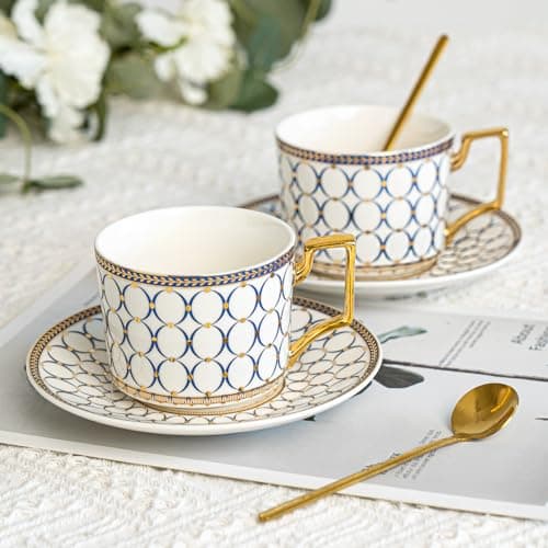 CwlwGO- European Bone China Tea Cup Sets Of 2,Elegance Blue and White Ceramic Cup and Saucers, For Women Tea Parties or Gifts Giving.