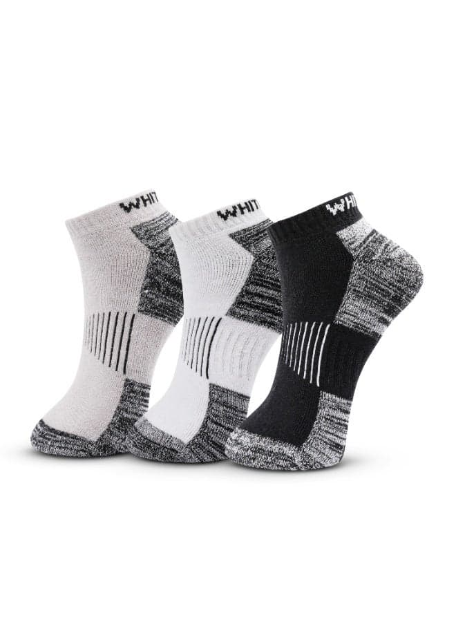 3 Pack Terry Low Cut Socks - Light Grey, Black and White.